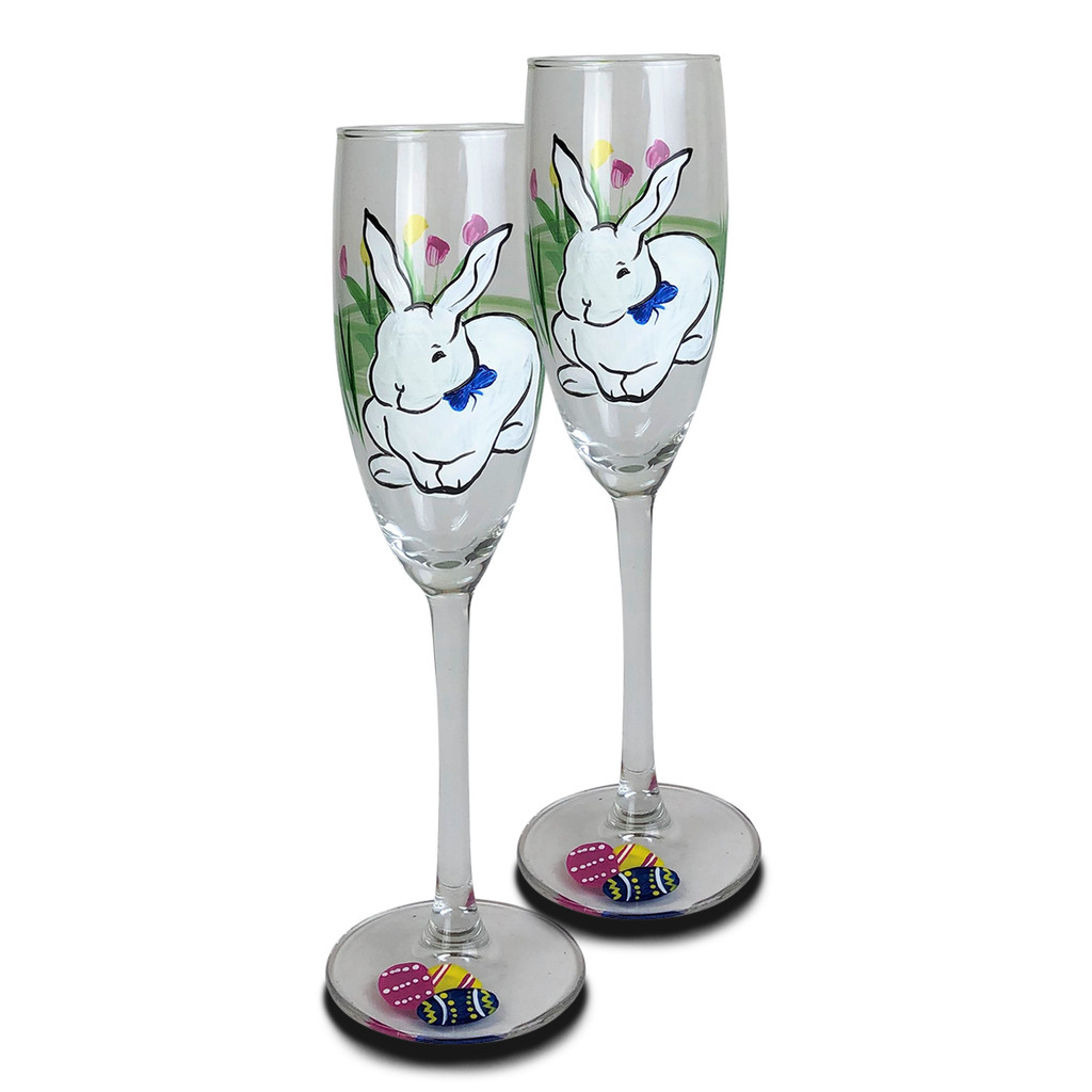 Springtime Bunny and Tulips Champagne Glass S/2 - Golden Hill Studio