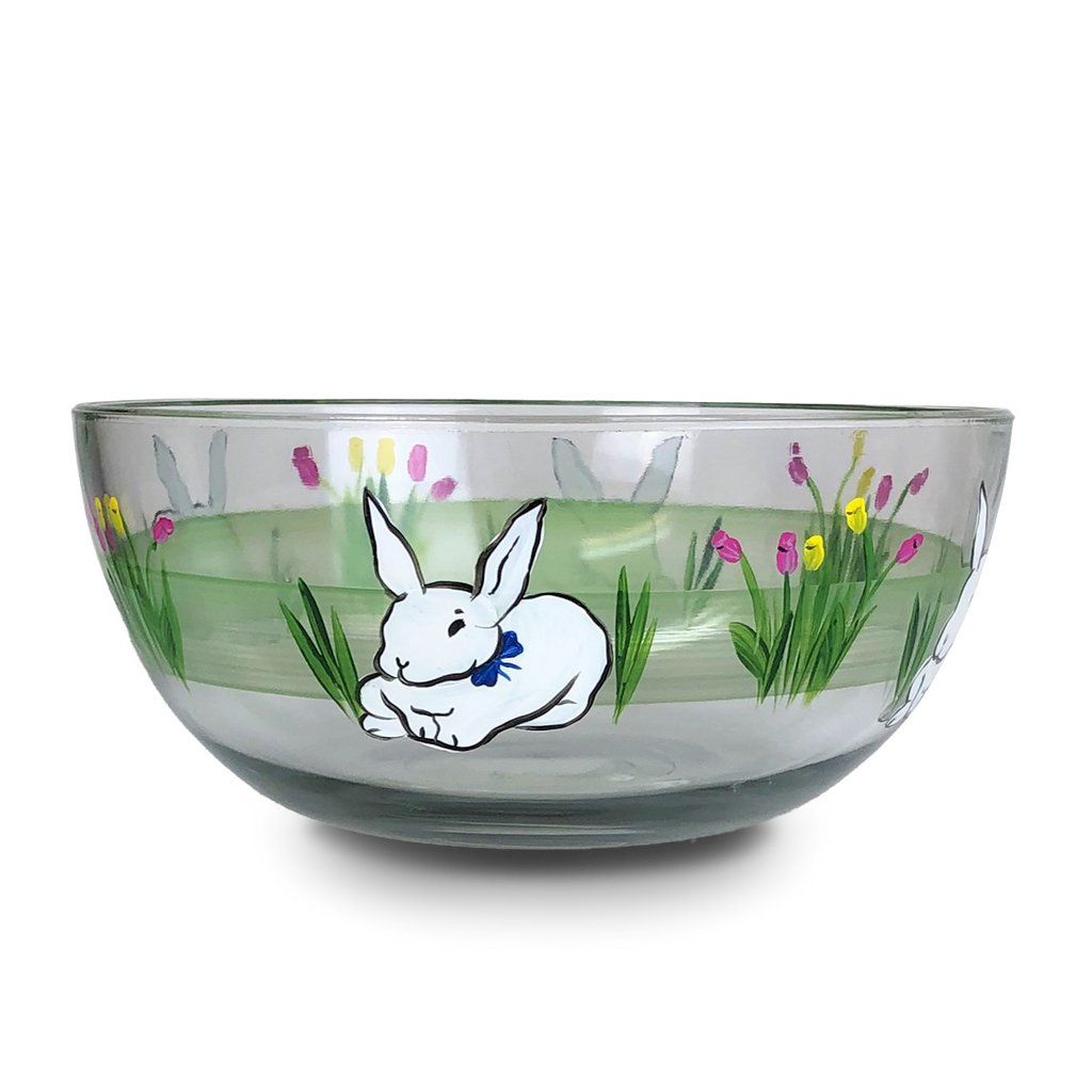 Springtime Bunny and Tulips 11" Bowl - Golden Hill Studio