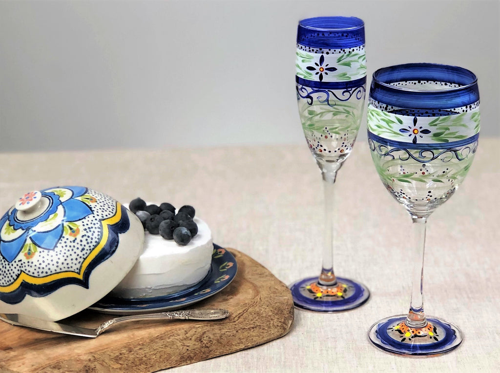 Barcelona Blue Flowers Champagne - Golden Hill Studio