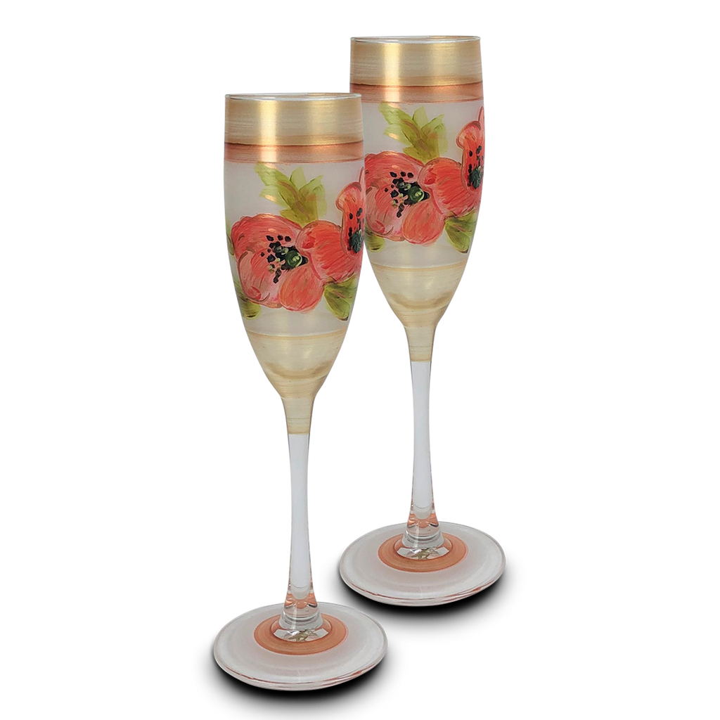 Oriental Poppy Floral Champagne   Set of 2 - Golden Hill Studio