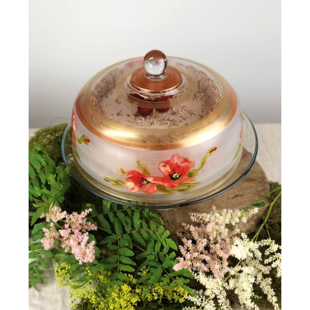 Oriental Poppy Floral Lg Cake Dome - Golden Hill Studio
