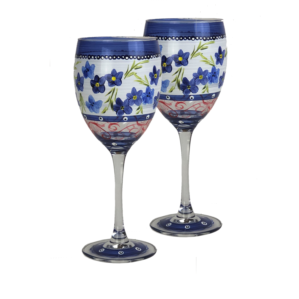 Barcelona Blue Flowers Wine   S/2 - Golden Hill Studio