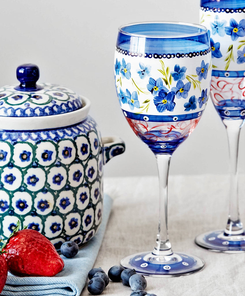 Barcelona Blue Flowers Wine   S/2 - Golden Hill Studio