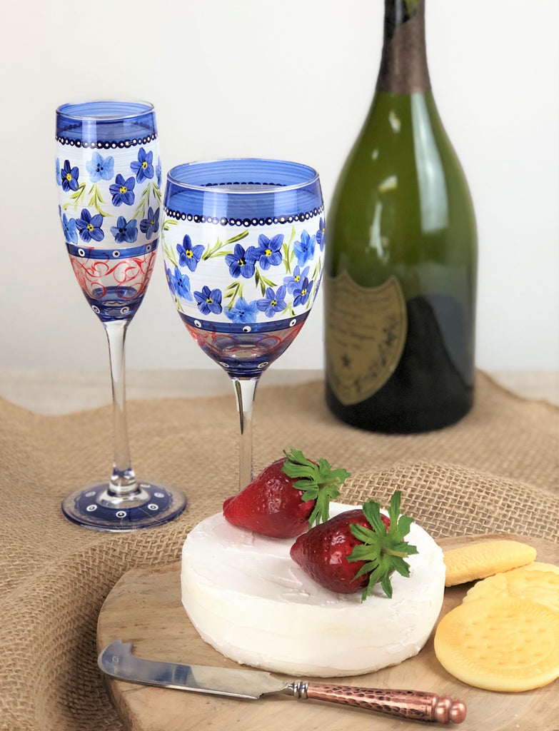Barcelona Blue Flowers Wine   S/2 - Golden Hill Studio