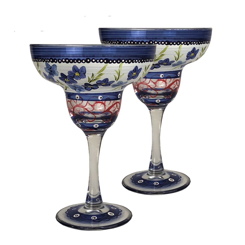 Barcelona Blue Flowers Margarita   Set of 2 - Golden Hill Studio