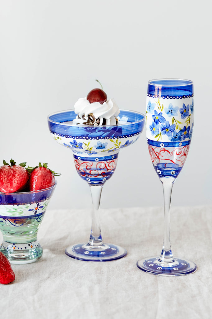Barcelona Blue Flowers Margarita   Set of 2 - Golden Hill Studio