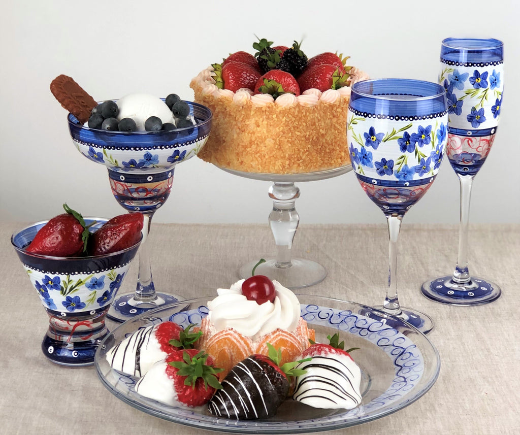 Barcelona Blue Flowers Margarita   Set of 2 - Golden Hill Studio