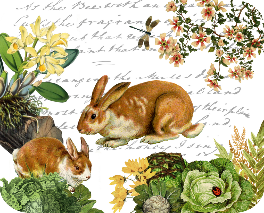 Bunny & Dragonfly Botanical Hot Plate/Mouse Pad  9 1/2" x 7 3/4" - Golden Hill Studio
