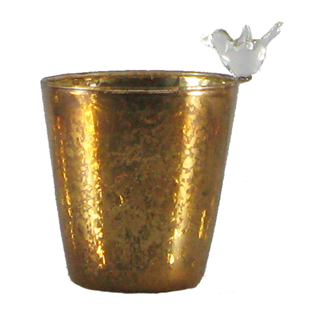 Copper mercury glass votive cup with bird   Set of 2 - Golden Hill Studio